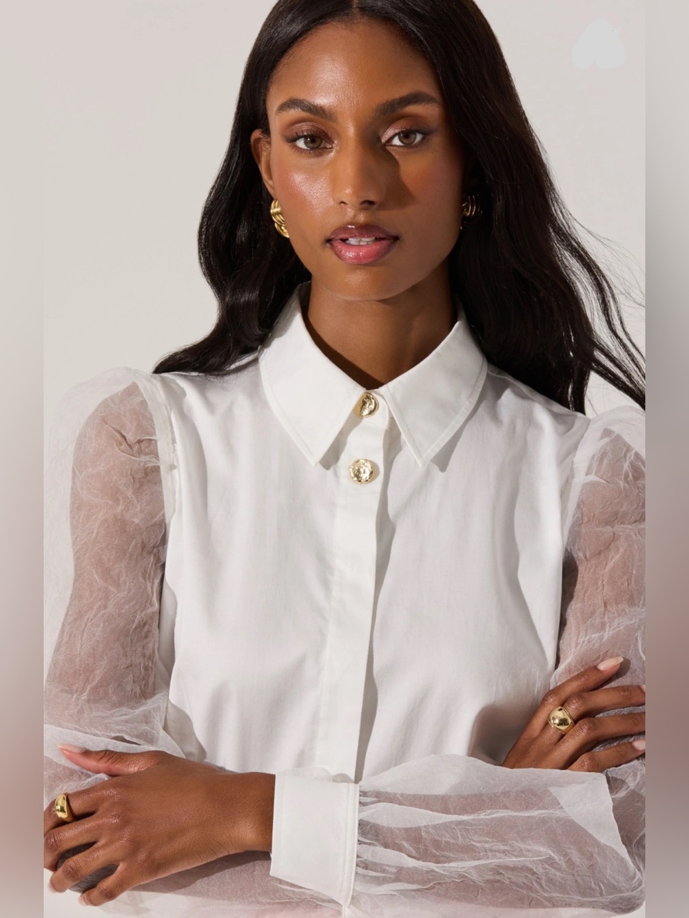 NWT Astr The Label Sheer Sleeve Button Up Shirt Size XL